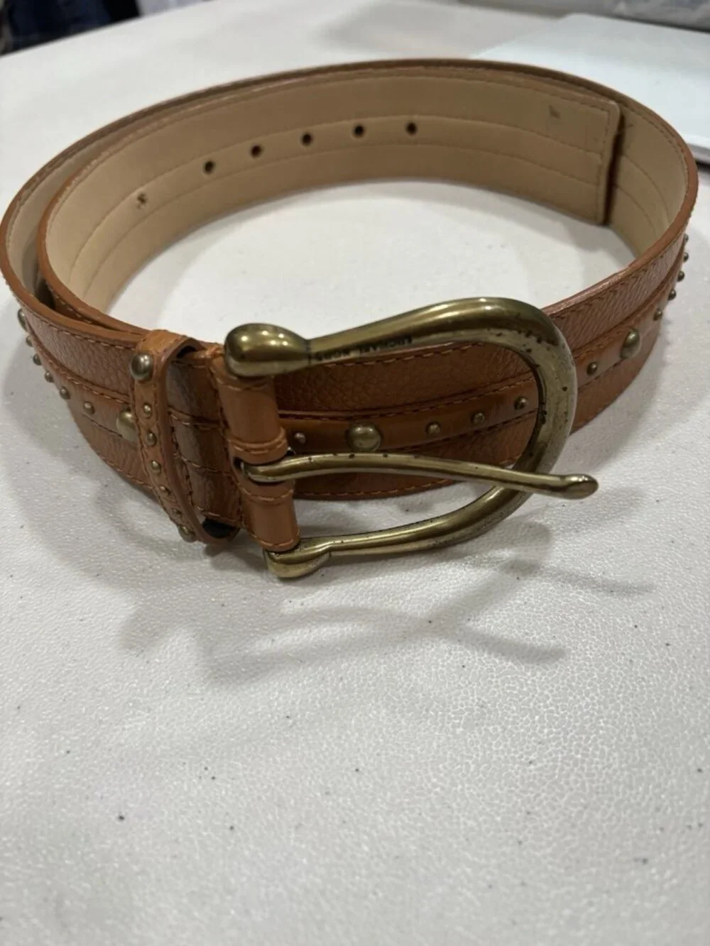 Michael Kors Wide Leather Studded Belt Tan Brown Size XL